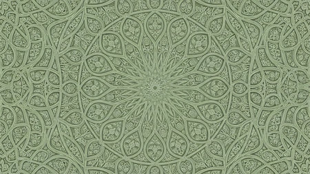 A detailed green Islamic geometric pattern with intricate floral motifs and symmetrical radial design carved into a surface.の素材