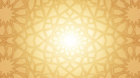 A golden geometric Islamic pattern with a radiant, bright light emanating from the center, creating a warm and elegant background.の素材