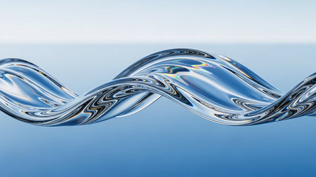 A clear liquid wave flows and twists with iridescent reflections against a soft blue background.の素材