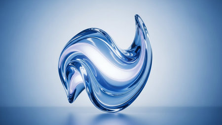 A smooth, shiny blue abstract liquid sculpture with light reflections on a gradient background.の素材