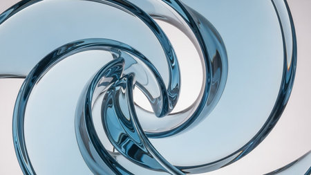 Abstract blue liquid swirl with smooth, reflective surfaces and translucent edges.の素材