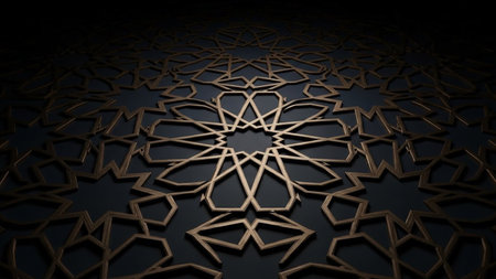 A detailed, repeating geometric Islamic pattern with golden star shapes against a dark, textured background.の素材