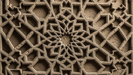Close-up of a detailed stone carving featuring an intricate geometric Islamic star pattern with a textured surface.の素材