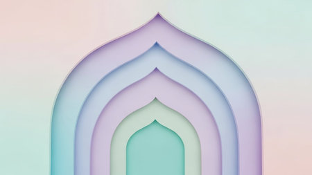 Layered archways create a sense of depth with soft pastel gradient colors transitioning from green to purple.の素材