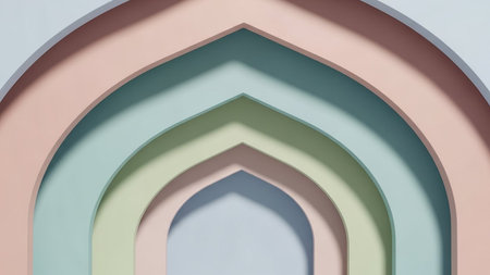 Softly colored arches in pastel shades of pink, blue, and green are layered with gentle shadows, forming a geometric design.の素材