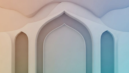 Softly lit architectural arches with smooth, curved surfaces and a subtle gradient color transition from peach to blue.の素材