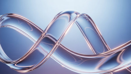 A smooth, swirling transparent glass tube with subtle light reflections and a soft gradient background.の素材