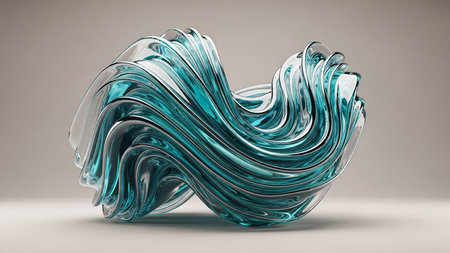 Abstract sculpture of swirling teal and clear glass with fluid, organic shapes and light reflectionsの素材