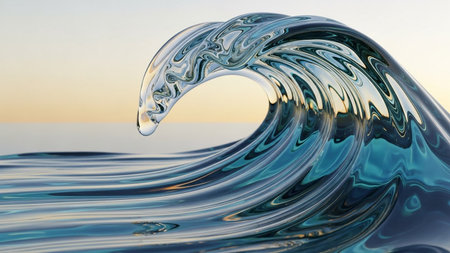 A close-up of a transparent, blue ocean wave cresting with a soft yellow horizon in the background.の素材