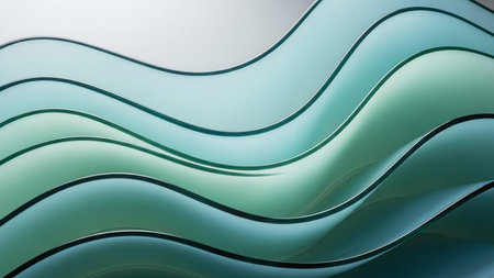 Wavy layers of translucent teal and green glass with dark edges against a light background.の素材