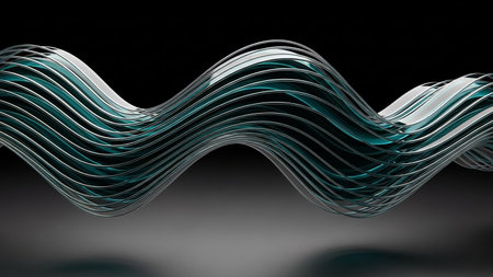 A wavy abstract sculpture formed from intertwined metal and teal glass strands with reflections on a dark...の素材