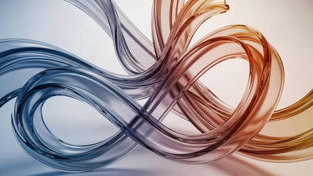 Abstract background of intertwined blue and orange glass ribbons with smooth curves and light reflectionsの素材