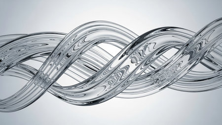 Intertwined transparent glass ribbons with reflected light create a fluid, abstract shape on a white background.の素材