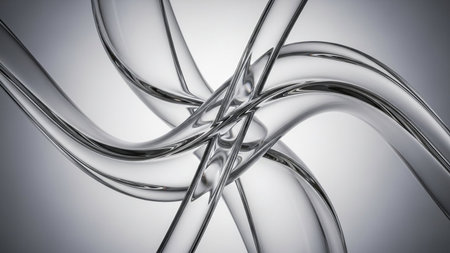 Intersecting transparent tubes create a dynamic swirl pattern with reflections on a light, abstract background.の素材
