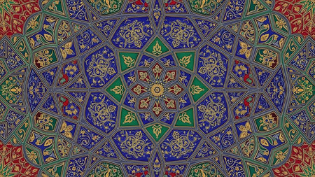 An ornate and colorful geometric and floral pattern with a central star, featuring intricate details in blue, green, red, and gold.の素材