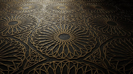 A striking golden Islamic geometric pattern intricately detailed on a dark, textured surface, illuminated by dramatic lighting.の素材