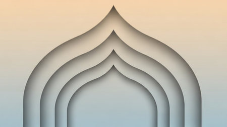 Abstract depiction of layered Islamic archways with soft shadows against a smooth gradient background in neutral tones.の素材