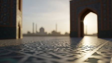 Close-up of an intricately patterned Islamic geometric pavement with a blurred mosque silhouette in the background at sunrise.の素材