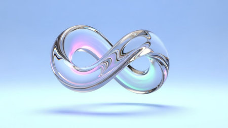 A transparent infinity symbol with iridescent pastel colors floating on a light blue background.の素材