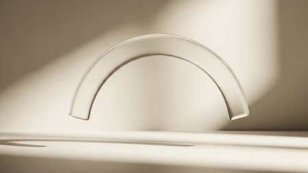 A translucent curved arch shape casting soft shadows on a neutral, light-colored surfaceの素材