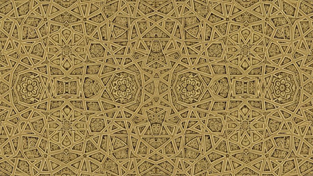 An intricate and detailed golden Islamic geometric pattern featuring stars and floral motifs repeats across the entire frame.の素材