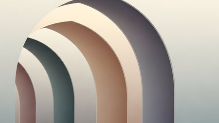 Abstract architectural design featuring layered curved segments in a palette of beige, brown, grey, and taupe with a soft gradient background.の素材
