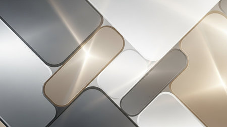 An abstract geometric background featuring overlapping rounded rectangles in silver, gold, and white with a metallic sheen and subtle reflections.の素材