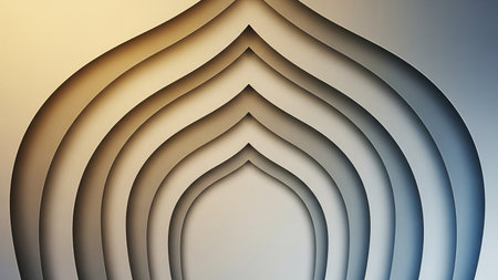 An abstract representation of an archway formed by layered, curved shapes with a smooth gradient of beige, gold, and blue lighting.の素材