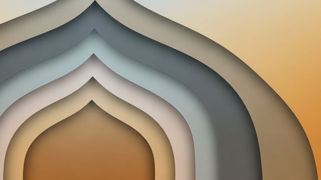 Abstract layered arches in warm gradient colors of orange, brown, beige, grey, and blue, with soft shadows creating a sense of depth.の素材