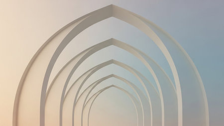 A series of white architectural arches create a repeating tunnel effect with a soft gradient light from beige to blue.の素材