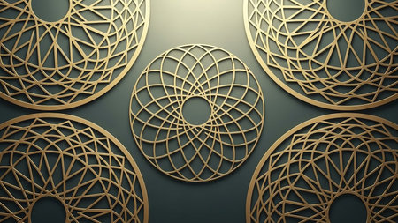 Five intricate gold geometric circular ornaments arranged on a dark teal background, creating a decorative pattern.の素材