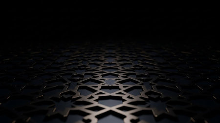A dark, abstract geometric pattern with metallic accents, viewed from a low angle with dramatic lighting creating depth.の素材