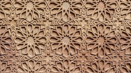 A detailed carved stone geometric pattern in warm earth tones with intricate, symmetrical repeating motifs.の素材