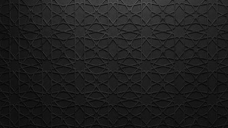 A dark black background with an embossed geometric Islamic star pattern creating a subtle, deep textured surface.の素材