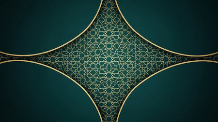 An elegant dark teal background features a gold-framed overlay of an intricate geometric star pattern, creating a sophisticated and luxurious design.の素材
