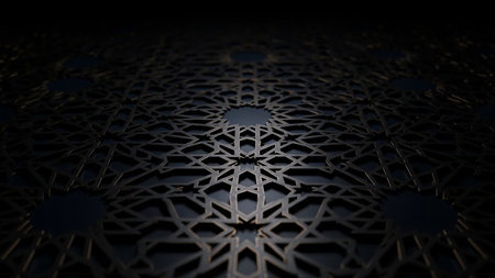 A dark, intricate geometric Islamic pattern with sharp lines and subtle light creates a sense of depth and shadow.の素材