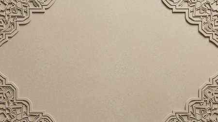 A plain beige textured surface with ornate, intricate geometric Islamic-style embellishments framing the corners, offering a subtle decorative element.の素材