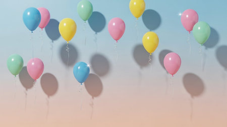 Category: showing colorful balloons floating with shadows on gradient background keywords: balloons, party,...の素材