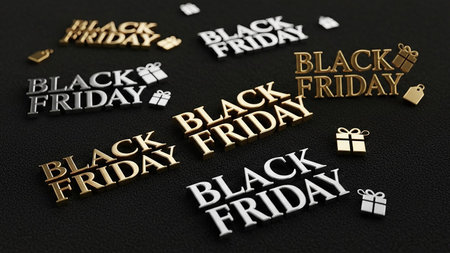 Black Friday text in gold and silver 3D lettering arranged with gift box icons on a textured black surface.の素材