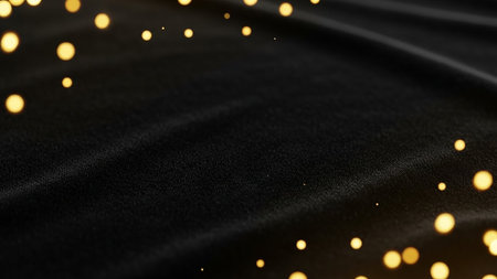 A dark, textured fabric with flowing folds is adorned with scattered golden bokeh lights creating a festive and luxurious atmosphere.の素材