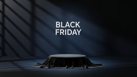 A dark, moody background with striped shadows features a covered pedestal under a dramatic spotlight, announcing Black Friday.の素材