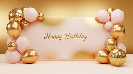 Gold and pink balloons frame a blank space with "Happy Birthday" text Clear details and vibrant colors enhance...の素材