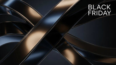 Intertwined black and metallic ribbons with a glossy sheen create an abstract Black Friday sale promotion with soft lighting.の素材