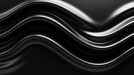 Abstract dark background featuring smooth, wavy lines of liquid metal with bright reflective highlights creating a sense of motion.の素材