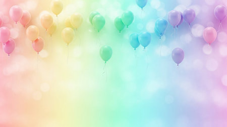 Pastel colored balloons float against a soft, blurred bokeh background with a rainbow gradient.の素材
