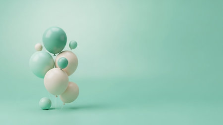 Assortment showing pastel mint and cream balloons on a solid mint background keywords: balloons, pastel, mint...の素材