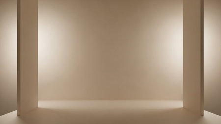 An empty, softly illuminated studio room with smooth beige walls and floor, creating a neutral backdrop.の素材