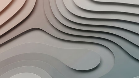 Softly layered abstract waves resembling topographic contours in muted shades of gray and pale pink.の素材