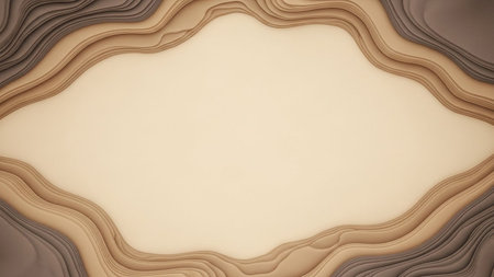 Layered topographic map style background with neutral earth tones forms a wavy border around empty space.の素材