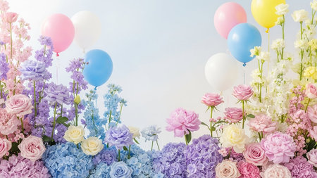 A romantic floral arrangement with pastel balloons and soft lighting, featuring roses, hydrangeas, and...の素材